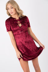 Wine Velvet Lace Up Skater Dress - Taylah-Dresses
