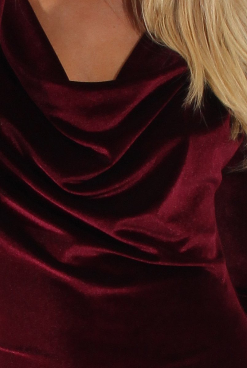 Wine Velvet Long Sleeve Cowl Neck Dress - Asteroid-Dresses