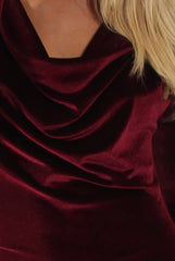 Wine Velvet Long Sleeve Cowl Neck Dress - Asteroid-Dresses