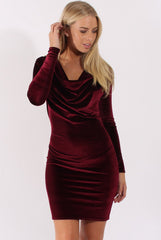 Wine Velvet Long Sleeve Cowl Neck Dress - Asteroid-Dresses