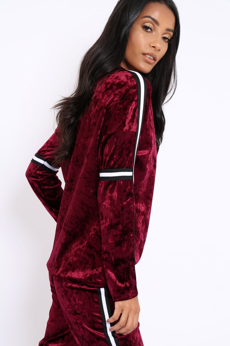 Wine Velvet Striped Trim Co-ord Set - Beau-Co-ords