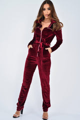 Wine Velvet Tie Front Boiler Jumpsuit - Lallie-Jumpsuits