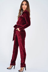 Wine Velvet Tie Front Boiler Jumpsuit - Lallie-Jumpsuits