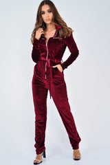 Wine Velvet Tie Front Boiler Jumpsuit - Lallie-Jumpsuits