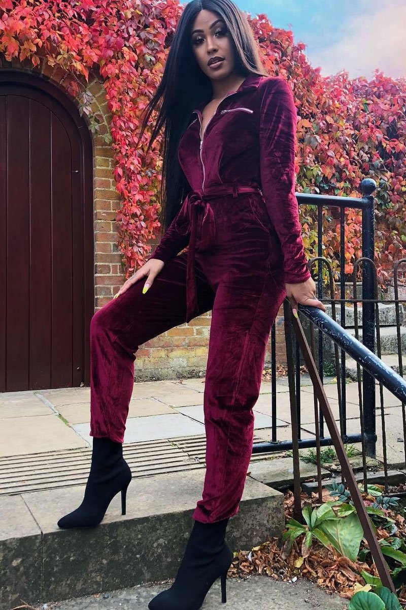 Wine Velvet Tie Front Boiler Jumpsuit - Lallie-Jumpsuits