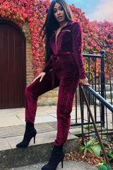 Wine Velvet Tie Front Boiler Jumpsuit - Lallie-Jumpsuits