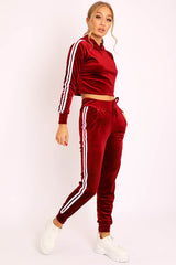 Wine White Stripes Velvet Hoodie and Joggers Co-ord - Matie-Co-ords