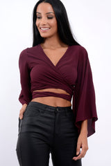 Wine Wrap Tie Crop Blouse - Kay-Tops