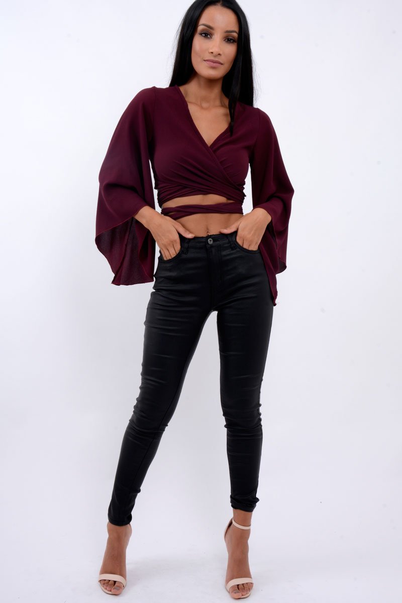 Wine Wrap Tie Crop Blouse - Kay-Tops