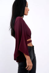 Wine Wrap Tie Crop Blouse - Kay-Tops