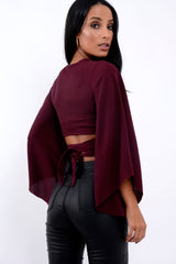Wine Wrap Tie Crop Blouse - Kay-Tops