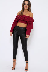 Wine extreme Layered Frill Bardot Crop Top - Nevaeh-Crop Tops
