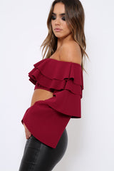 Wine extreme Layered Frill Bardot Crop Top - Nevaeh-Crop Tops
