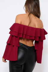 Wine extreme Layered Frill Bardot Crop Top - Nevaeh-Crop Tops