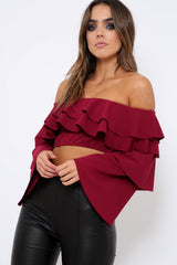 Wine extreme Layered Frill Bardot Crop Top - Nevaeh-Crop Tops