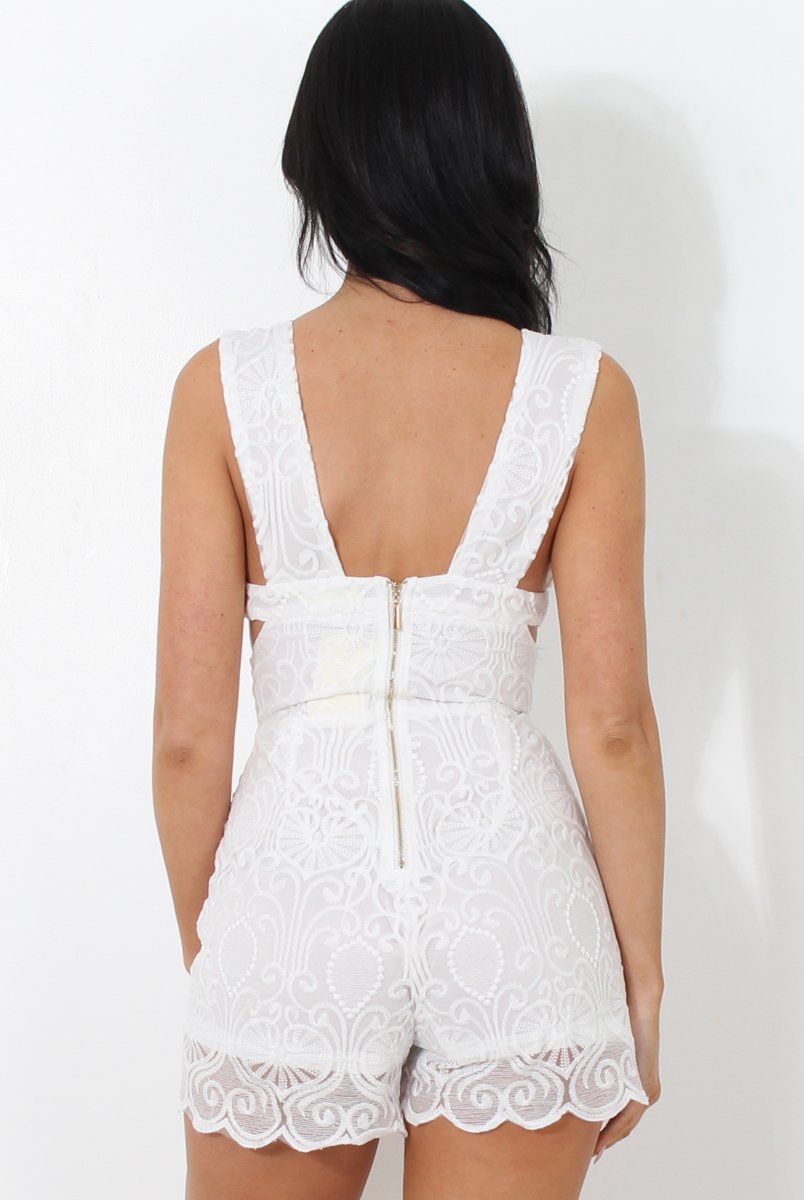 Yarna White Mesh Cut Out Playsuit-Playsuits