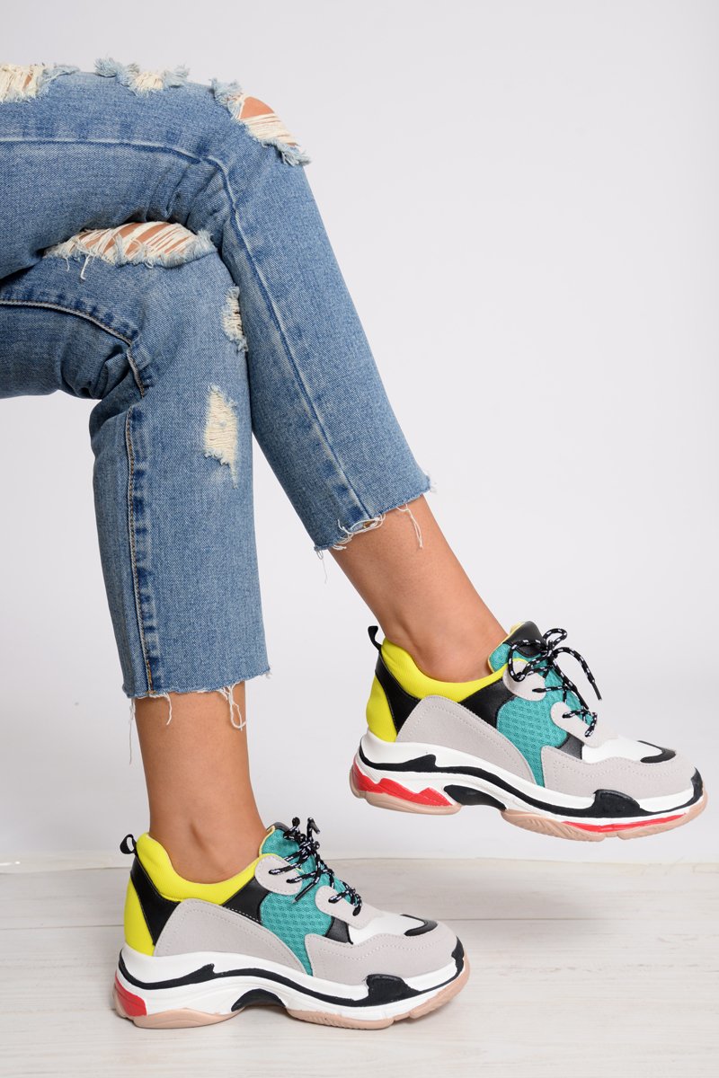 Yellow And Green Chunky Lace Up Trainers - Thea-Trainers