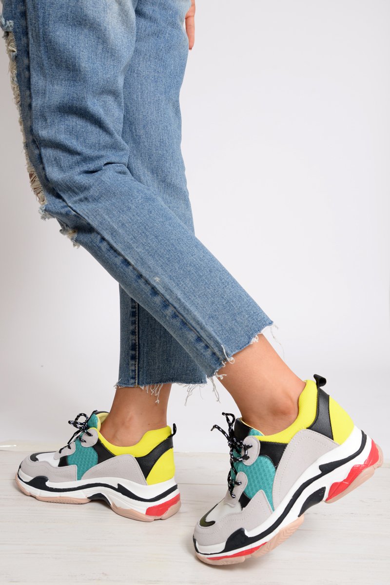 Yellow And Green Chunky Lace Up Trainers - Thea-Trainers