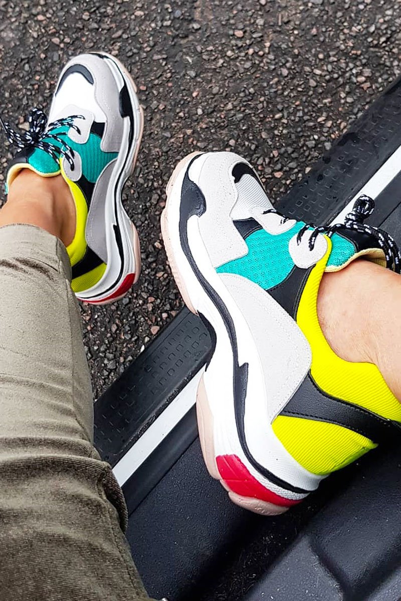 Yellow And Green Chunky Lace Up Trainers - Thea-Trainers