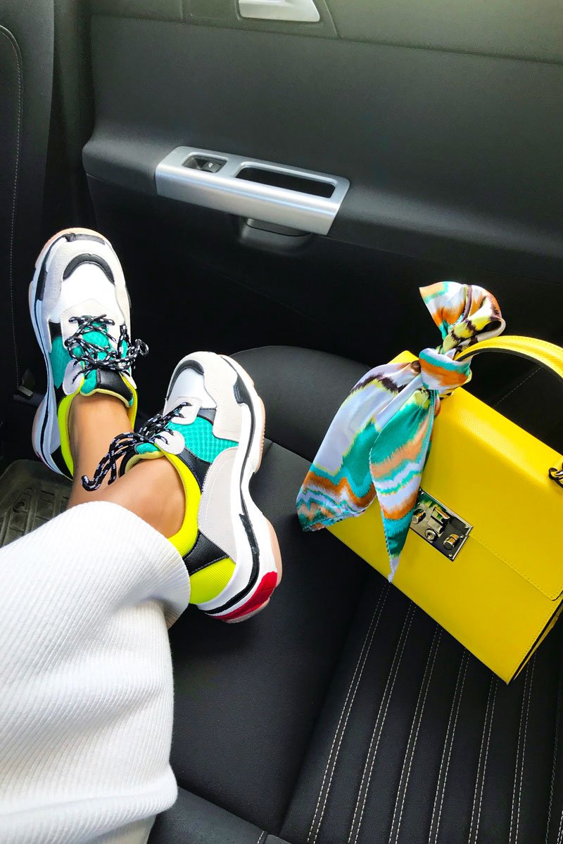 Yellow And Green Chunky Lace Up Trainers - Thea-Trainers