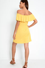 Yellow Bardot Frill Button Front Dress - Julissa-Dresses