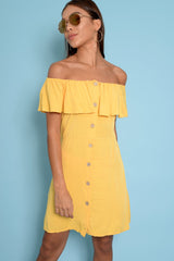 Yellow Bardot Frill Button Front Dress - Julissa-Dresses
