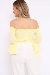 Yellow Bardot Frill Crop Top with Flared Sleeves - Tiffy-Tops