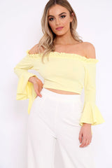 Yellow Bardot Frill Crop Top with Flared Sleeves - Tiffy-Tops