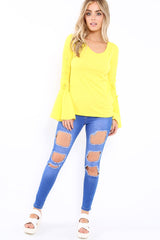 Yellow Bell Sleeved Top with Lace up Detail - Fate-Tops