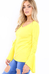 Yellow Bell Sleeved Top with Lace up Detail - Fate-Tops
