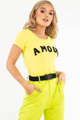 Yellow Black Amour Textured Slogan Tee - Andelyn-T-shirt