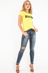 Yellow Black Rock Slogan Textured T-Shirt - Effie-T-shirt