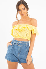 Yellow Broderie Lace Bardot Crop Top - Jaidy-Crop Tops