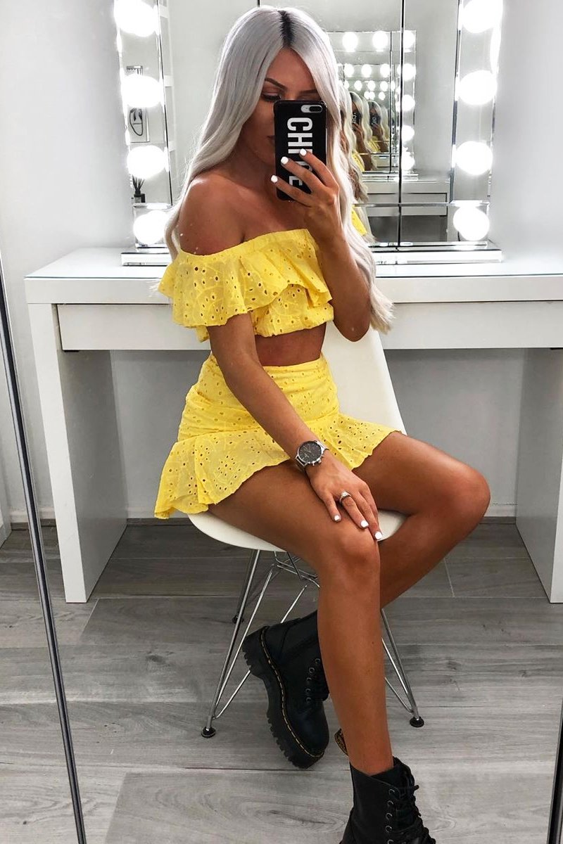 Yellow Broderie Lace Bardot Crop Top Skirt Co-Ord - Dahlia-Co-ords