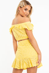 Yellow Broderie Lace Bardot Crop Top Skirt Co-Ord - Dahlia-Co-ords
