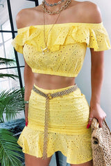 Yellow Broderie Lace Bardot Crop Top Skirt Co-Ord - Dahlia-Co-ords