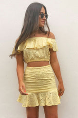 Yellow Broderie Lace Bardot Crop Top Skirt Co-Ord - Dahlia-Co-ords
