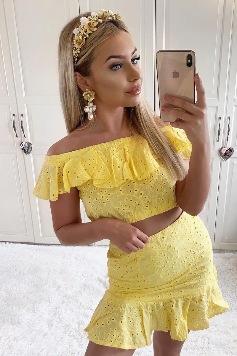 Yellow Broderie Lace Bardot Crop Top Skirt Co-Ord - Dahlia-Co-ords
