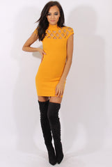 Yellow Cage High Neck Bodycon Dress- Kade-Dresses