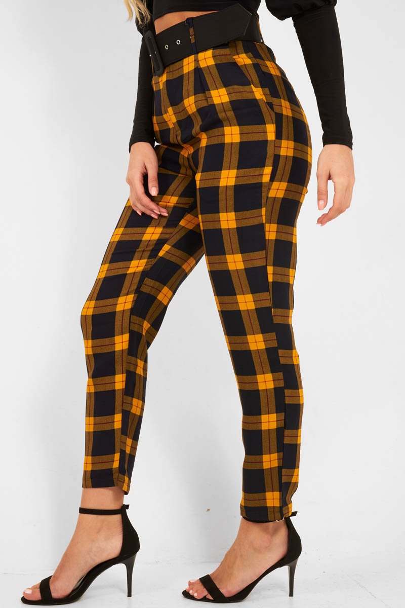 Yellow Check Belted Tapered Trousers - Reanne-Trousers