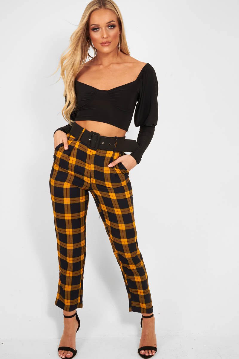 Yellow Check Belted Tapered Trousers - Reanne-Trousers