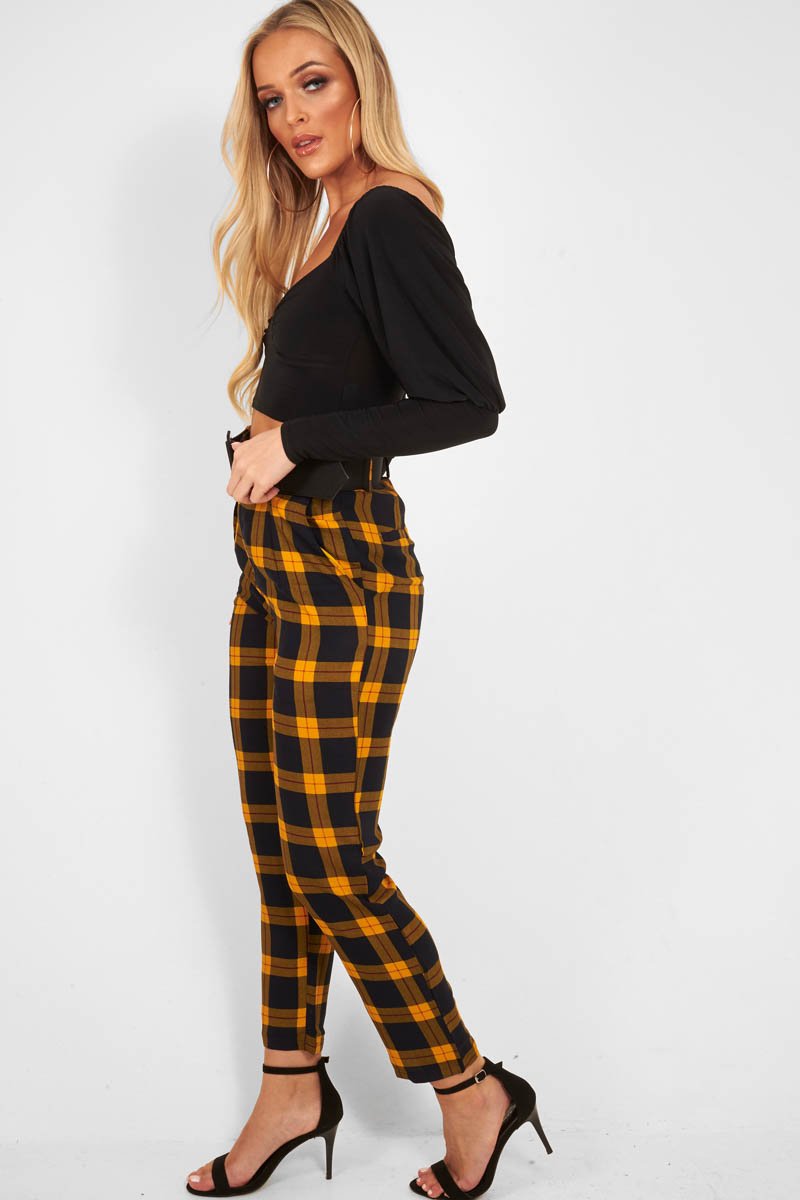 Yellow Check Belted Tapered Trousers - Reanne-Trousers