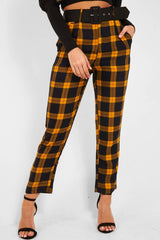 Yellow Check Belted Tapered Trousers - Reanne-Trousers
