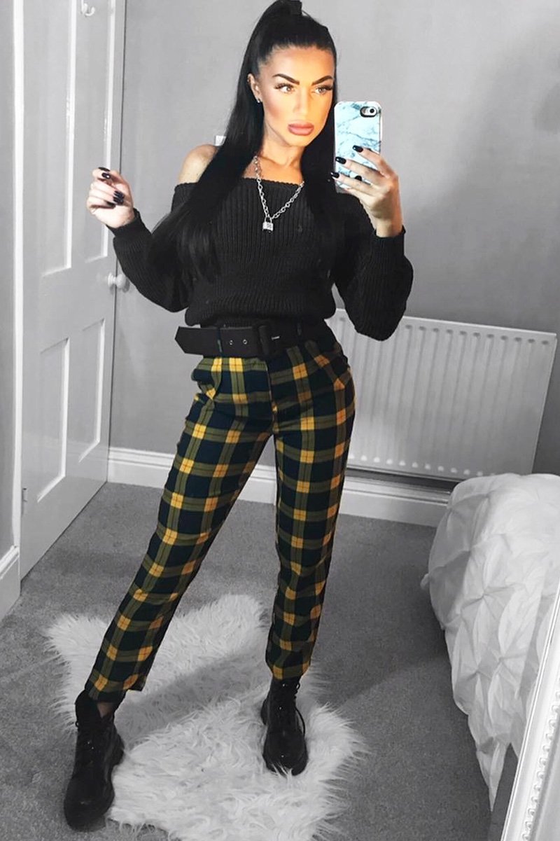 Yellow Check Belted Tapered Trousers - Reanne-Trousers