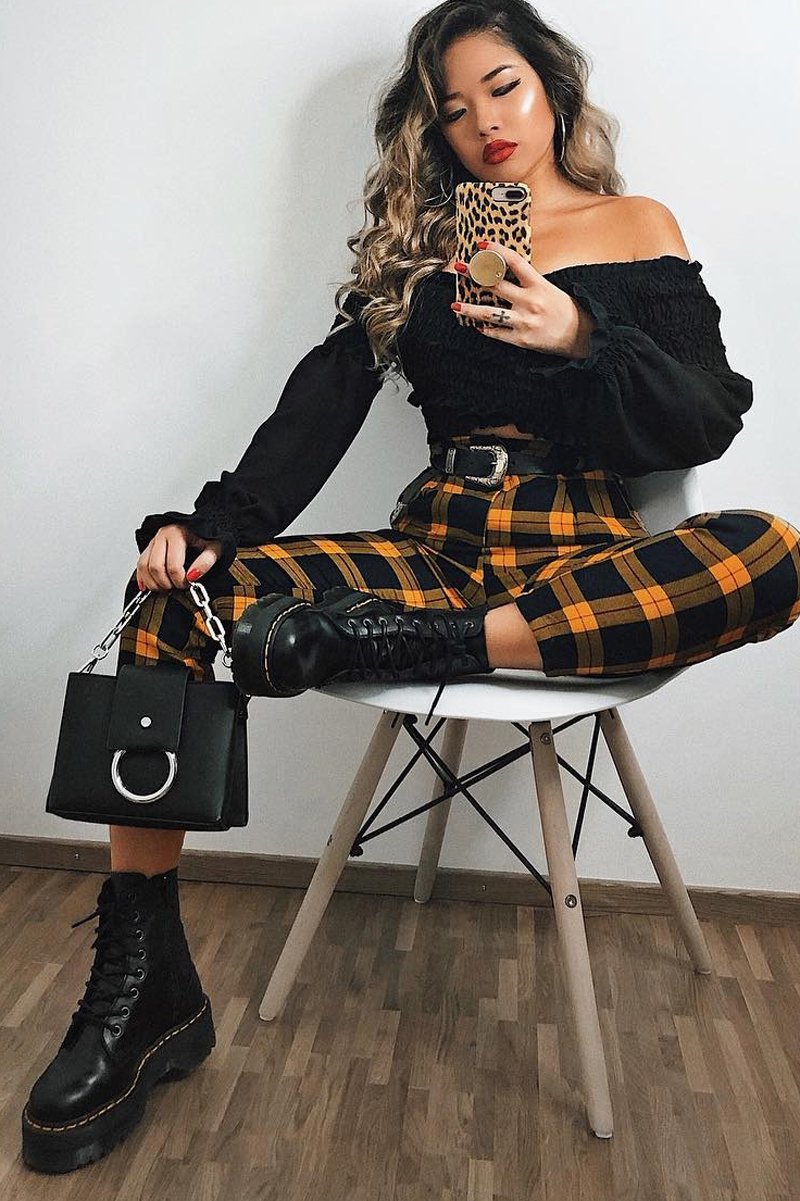 Yellow Check Belted Tapered Trousers - Reanne-Trousers