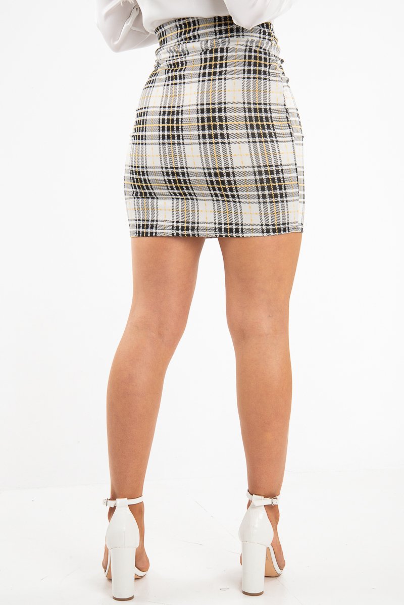 Yellow Check Buckle Front Knitted Mini Skirt - Eisley-Skirts