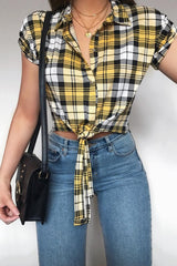 Yellow Check Tie Front Shirt - Marsha-Tops