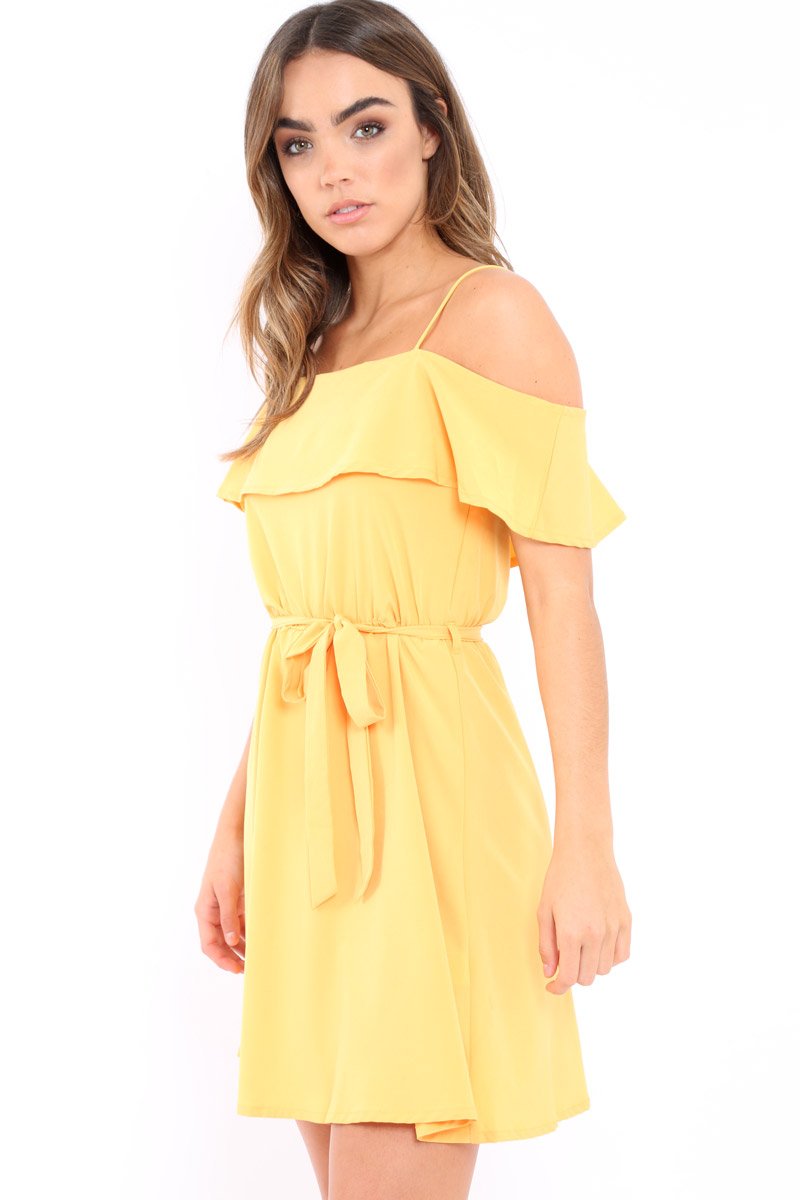 Yellow Cold Shoulder Frill Tie Waist Dress - Selah-Dresses