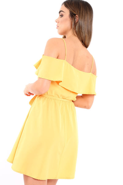 Yellow Cold Shoulder Frill Tie Waist Dress Selah Rebellious Fashion