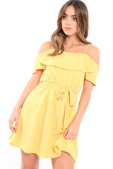 Yellow Cold Shoulder Frill Tie Waist Dress - Selah-Dresses